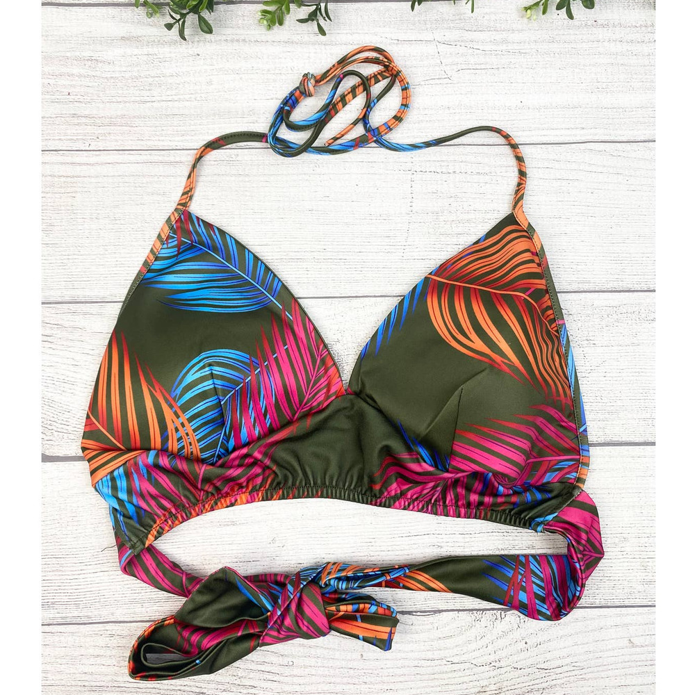 Ladies Tropical Palms Women's Neck and Back Wrap Tie Bikini Top Small